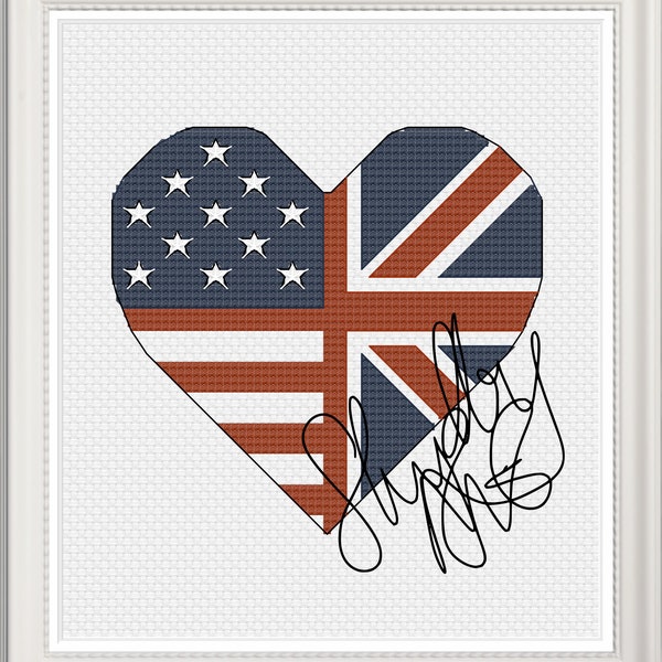 Cross Stitch Pattern US X UK Flag Heart Shape with Back Stitch