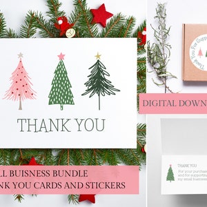 Cartes de remerciement et autocollants imprimables pour les petites entreprises Arbre de Noël | Cartes de remerciement de vacances imprimables, autocollants Téléchargement numérique A2 & A7