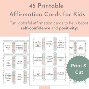 Tarjetas de afirmación imprimibles, 45 divertidas y coloridas tarjetas de afirmación imprimibles para niños para la positividad y la confianza en sí mismos / Afirmación imprimible
