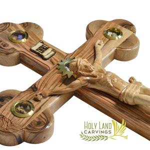 38 Cm Wall Cross Crucifix - Olive Wood Wall Hanging Crucifix Hand Carved the Holy Land with Holy Relics - Entryway or Living Room Cross
