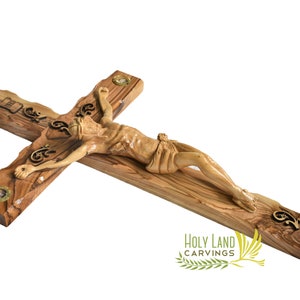 Large 50 Cm Wall Cross Catholic Crucifix For Home Decor Made of Olive Wood in the Holy Land - 4 Glasses Hold Holy Relics - Entryway Cross