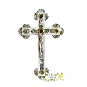 23 Cm Olive Wood Crucifix covered with Mother of Pearl with 4 Lenses - Wall Hanging Crucifix Made in the Holy Land