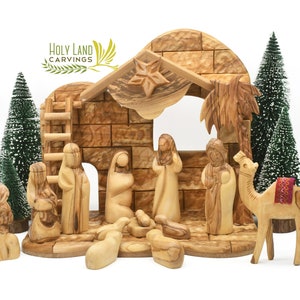 Grande set per presepe, set per presepe in legno d&#39;ulivo fatto a mano, set per presepe in legno, decorazioni natalizie, set per presepe musicale