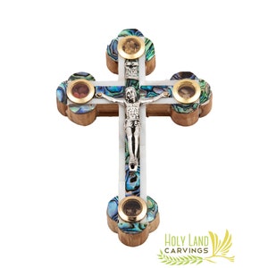 13 Cm Olive Wood Crucifix covered with Mother of Pearl with 4 Lenses - Wall Hanging Crucifix Made in the Holy Land