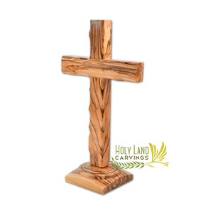 23 Cm Standing Cross Décor, Olive Wood Cross on Stand Made in the Holy Land, Simple Wooden Standing Cross for Nursery, Cross for Communion