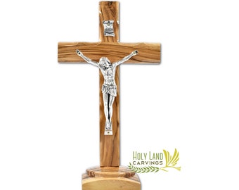 Standing Crucifix | Olive Wood Cross | Crucifix on Stand | Wooden Crucifix | Holy Land Cross | Unique Religious Gift or Home Décor