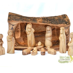 Olive Wood Nativity Cave, Christmas Nativity, Nativity Scene carved inside of a Solid Piece of Olive wood Branch, Nativity Set