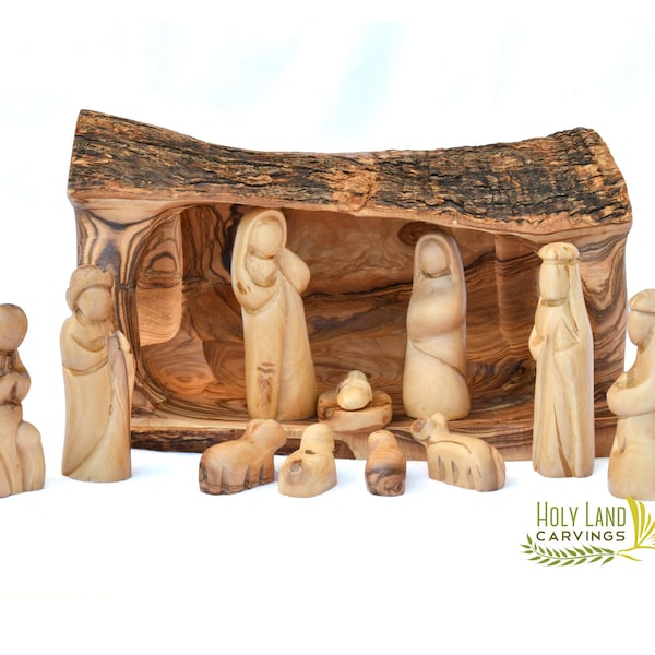 Olive Wood Nativity Cave, Christmas Nativity, Nativity Scene carved inside of a Solid Piece of Olive wood Branch, Nativity Set