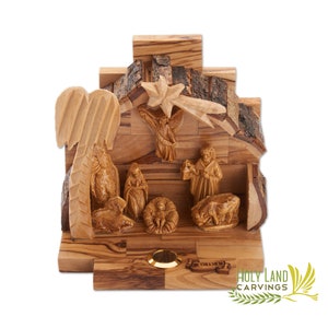 Wooden Nativity Set with Bark Roof Made of Olive Wood in the Holy Land - Christmas Nativity for Home Décor - Christmas Decoration