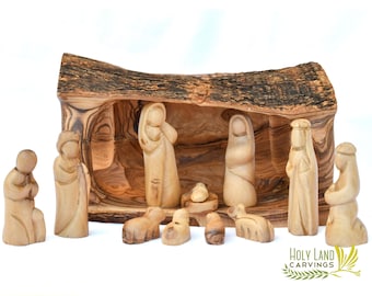 Olive Wood Nativity Cave, Christmas Nativity, Nativity Scene carved inside of a Solid Piece of Olive wood Branch, Nativity Set