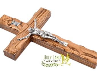 Olive Wood Crucifix | 25 Cm (10") Large Wall Crucifix Cross | Simple Wooden Cross Made in Holy Land | Blessed Holy Crucifix for Wall