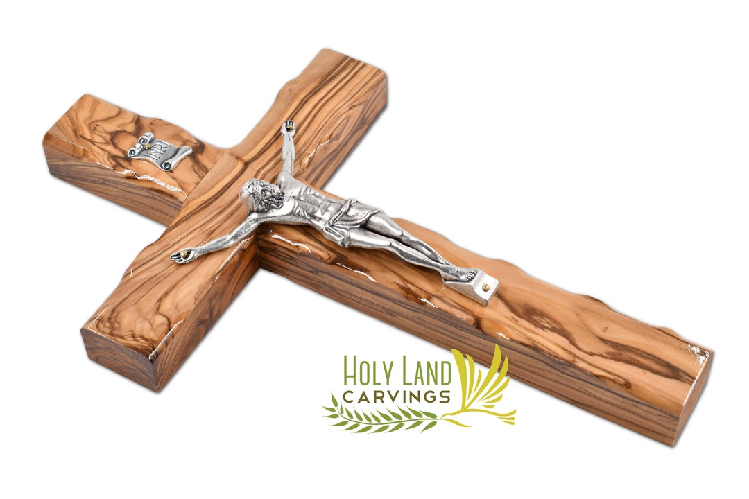 Olive Wood Crucifix | 25 Cm (10) Large Wall Crucifix Cross | Simple Wooden Cross Made in Holy Land | Blessed Holy Crucifix for Wall