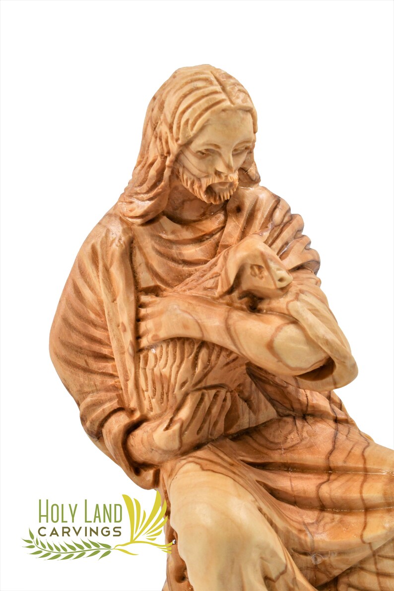 Christ the Good Shepherd Olive Wood Masterpiece - Made in Bethlehem the Holy Land - Unique Religious Home shops Décor - Jesus Statue