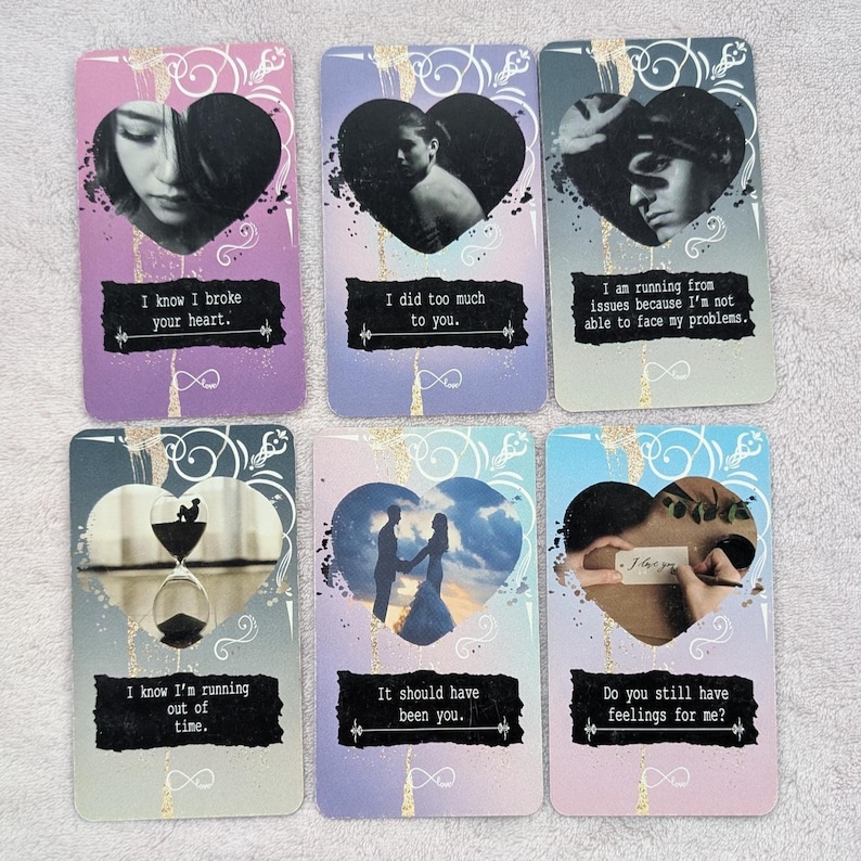 Puede incluir: Seis tarjetas rectangulares con recortes de fotos en forma de coraz&oacute;n y texto. Las tarjetas incluyen frases como I know I broke your heart, I did too much to you, I am running from issues, I know I'm running out of time, It should have been you, y Do you still have feelings for me?