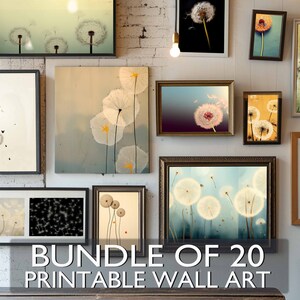 Bundle of 20 Digital Dandelions Prints, Printable Artwork, Floral Wall Art, Minimal, Eclectic Nature Art For Home Decor