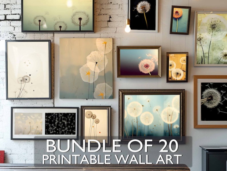 Bundle of 20 Digital Dandelions Prints, Printable Artwork, Floral Wall Art, Minimal, Eclectic Nature Art For Home Decor