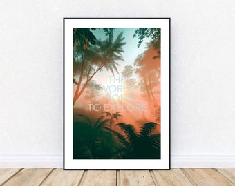 Póster inspirador, impresión artística de aventuras, el mundo es tuyo para explorar, impresión de jungla para decoración de dormitorio, póster positivo