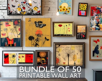 Lote de arte mural con motivos florales, impresiones de arte mural inspiradas en Basquiat, decoración del hogar, obras de arte abstractas, descarga digital