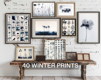 Paquete de arte imprimible de invierno, 40 impresiones digitales eclécticas para una decoración minimalista del hogar, obras de arte de temporada