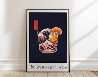 La gran ola de Negroni, impresión artística de cóctel, arte de pared, póster de carrito de bar, póster de Negroni, inspirado en la gran ola de Kanagawa