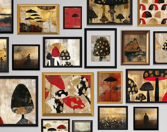Arte de pared de hongos imprimible, paquete de 22 hongos rojos y dorados, paisaje, impresiones abstractas, descargas digitales, VandalMap