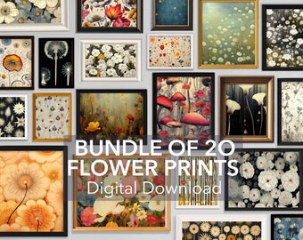 Paquete de 20 estampados de flores: arte de pared ecléctico, decoración maximalista, setas y plantas, descarga digital para decoración del hogar