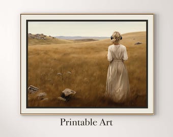 Impresión de arte de paisaje digital, chica con auriculares, decoración de pared imprimible, arte casero moderno, descarga instantánea