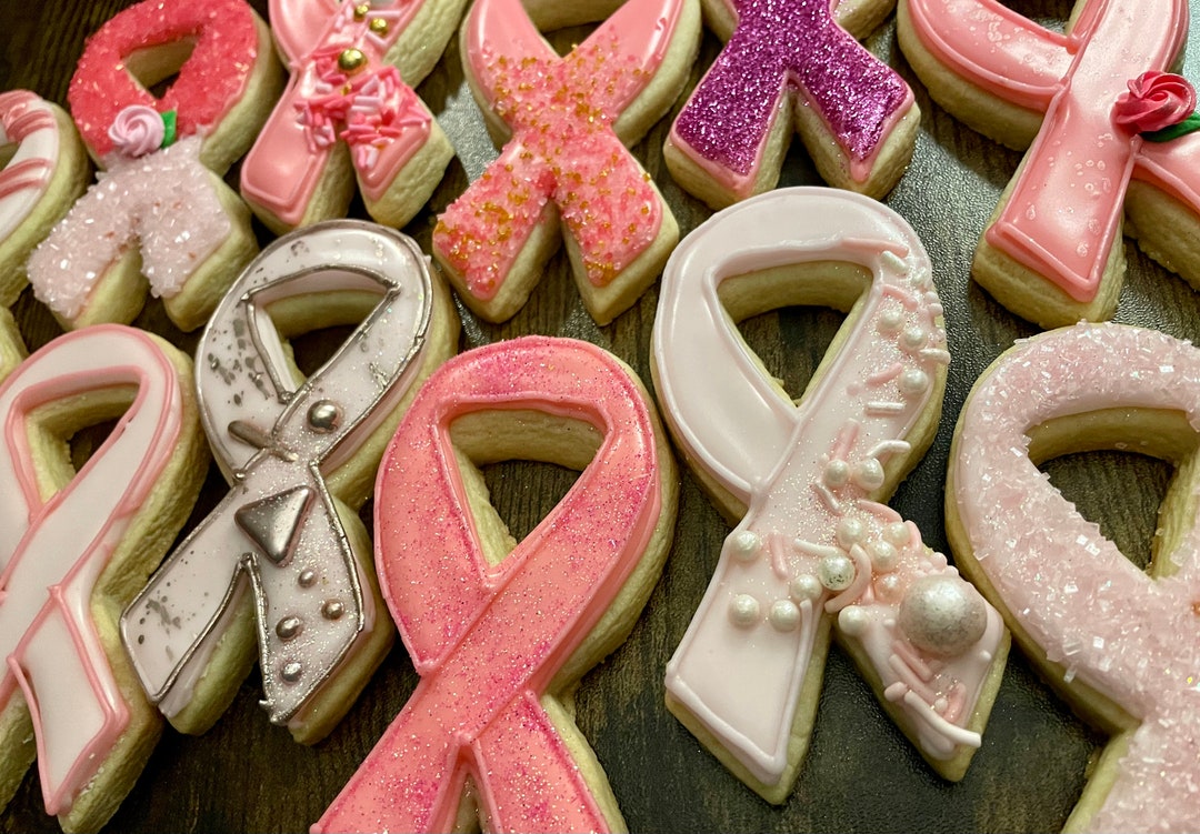 Breast Cancer Ribbon Sugar Cookies, Ribbon Awareness Cookies, Sugar