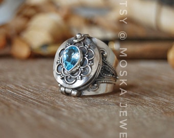 Handmade Solid 925 Sterling Silver Bali Faceted Blue Topaz Poison Pill Box Ring Handmade Solid 925 Sterling Silver Bali Faceted Blue Topaz Poison Pill Box Ring