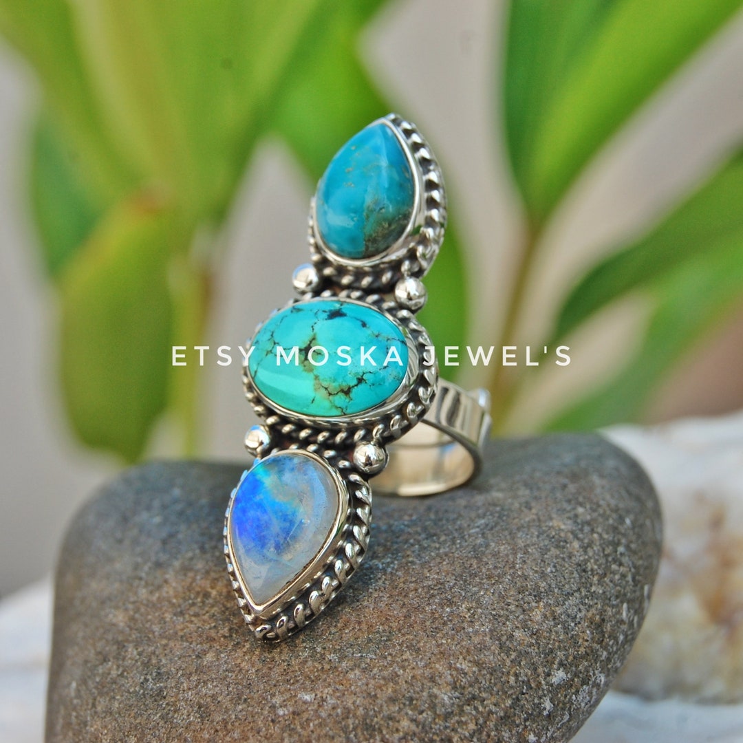 Long Stone Rings Three Stone in Solid Sterling Silver Ring, Long Large Stone Ring ...