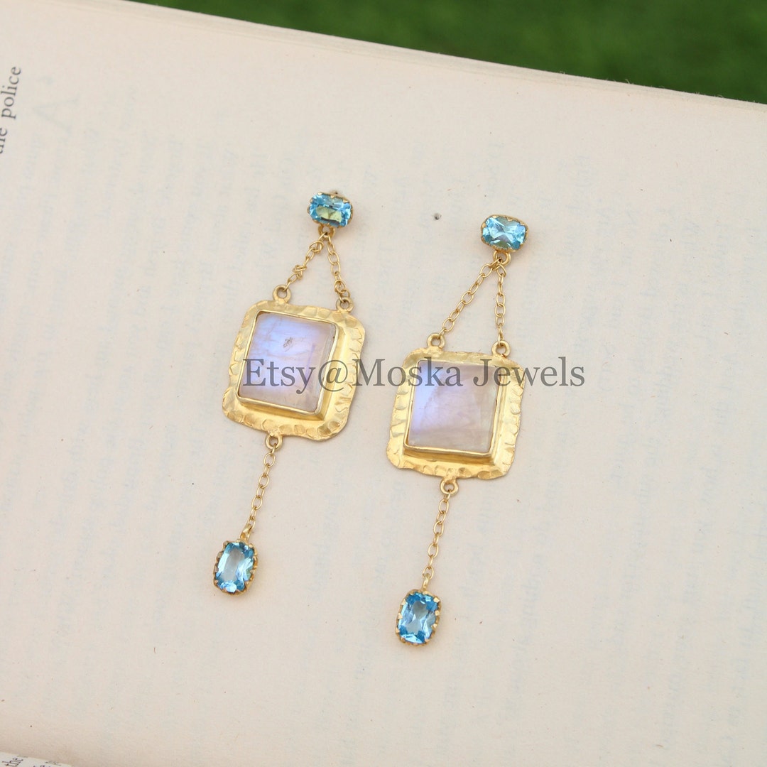 Natural Moonstone Gold Earrings for Women, Rainbow Moonstone Jewelry