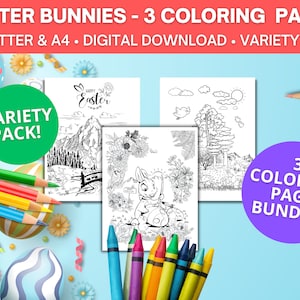 Conejitos de Pascua 3 Paquete DE PÁGINAS PARA COLOREAR / Conjunto de páginas para colorear para niños estudiantes / Paquete variado / Tamaños Us Letter y A4 / 3 páginas IMPRIMIBLES