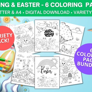 Paquete de 6 PÁGINAS PARA COLOREAR de Primavera y Pascua / Conjunto de páginas para colorear para niños estudiantes / Paquete variado / Tamaños Us Letter y A4 / 6 páginas IMPRIMIBLES