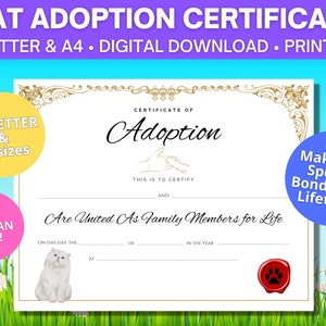 Certificado de adopción de gato persa #2 / Tamaños carta y A4 de EE. UU. / Descarga digital / Certificado de adopción imprimible