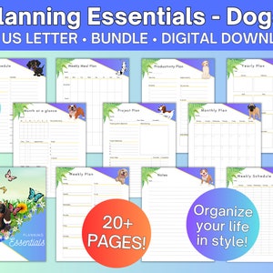 ESENCIALES DE PLANIFICACIÓN DIGITAL Paquete de más de 20 páginas / Tema Dogs-Blue / 3 páginas de portada adicionales / Paquete variado / Carta estadounidense + tamaños A4 / Descarga instantánea