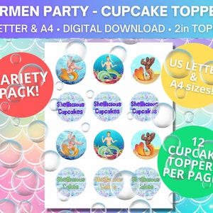 Toppers de cupcake Merman Party / Decoração de festa Mermen / Etiquetas de sabor / Orgulho / Pacote de variedades / Carta dos EUA e A4 / Digital / IMPRIMÍVEL