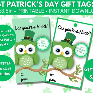 Saint Patrick’s Day GIFT TAGS/St Patty’s Day Gift Tags for Kids-Adults/Irish Owl/Us Letter&A4/White n Green Gift Tags/PRINTABLE Tags 2x3.5in