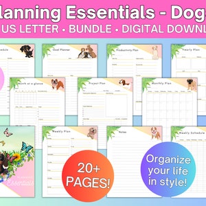 Könnte beinhalten: Ein druckbares Planer-Paket mit einem rosafarbenen Thema und Illustrationen von Hunden. Der Planer enthält Seiten für Tages-, Wochen-, Monats- und Jahrespläne sowie für Zielsetzung, Projektplanung und Notizen. Der Text "Planning Essentials - Dogs" und "20+ PAGES!" ist auf dem Bild sichtbar.