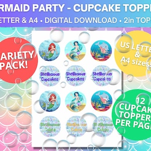 Mermaid Party Cupcake Toppers / Mermaids Party Decor / Flavor Tags / Variety Pack / Us Letter and A4 / Digital / PRINTABLE
