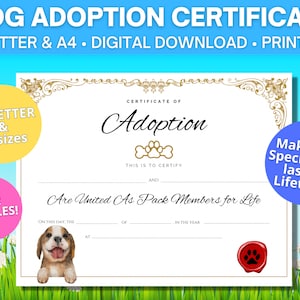 Certificado de adopción Beagle / Tamaños Carta y A4 de EE. UU. / Perro de caza / Descarga digital / Certificado de adopción imprimible