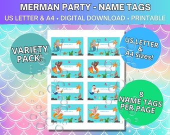 May include: Eight printable name tags featuring different merman illustrations. The tags are designed for a merman party and come in US Letter and A4 sizes. The text on the tags reads "Write My Name Is".