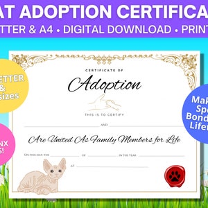 Certificado de adopción de gato Sphynx / Tamaños carta y A4 de EE. UU. / Esfinge / Descarga digital / Certificado de adopción imprimible