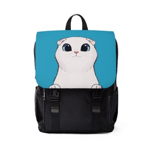 White Scottish Fold Cat - Turquoise Flap - Back-to-School Backpack