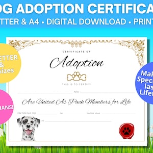 Certificado de adopción dálmata / Tamaños carta y A4 de EE. UU. / Descarga digital / Certificado de adopción imprimible