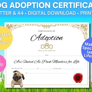 Certificado de adoção de Pug / Tamanhos US Letter e A4 / Pug Life / Download digital / Certificado de adoção para impressão