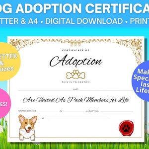 Corgi Adoption Certificate / US Letter & A4 sizes / Pembroke Welsh Corgi / Digital Download / Printable adoption certificate