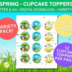 Toppers de cupcake de primavera/decoração de festa de primavera de páscoa/etiquetas de lembrança/chá de bebê/pacote de variedades/tamanhos carta americana e a4/digital/imprimível