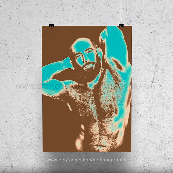 Man Beard Muscle Gay, Graphic Design Art, Duo Tone Wall Print, Unique Artwork, Photography, Living Room Decor, Gift Gay