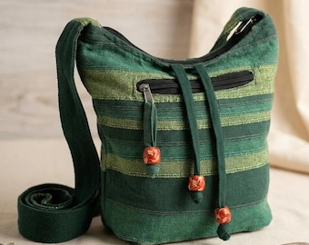 Forest Green Nepal Cotton Sling Bag | Adjustable Strap Boho Hippie Crossbody Shoulder Bag | Ethnic Woven Festival Bag | Gift for Her