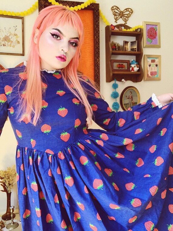 1970s strawberry handmade maxi dress